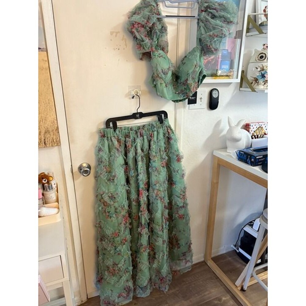 Wenry Sage Green Floral Mesh / Tulle Two-Piece Set
